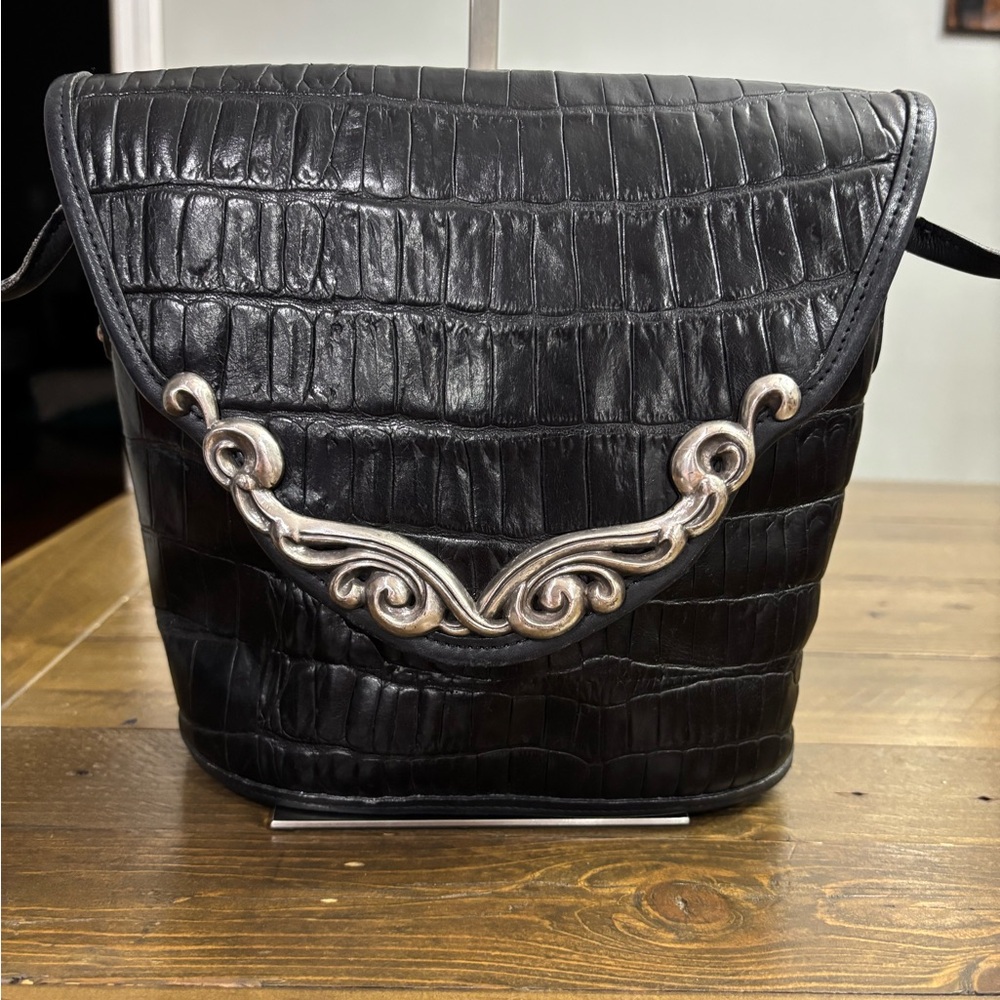 Brighton Black Croc-Embossed Leather Crossbody Bucket Bag